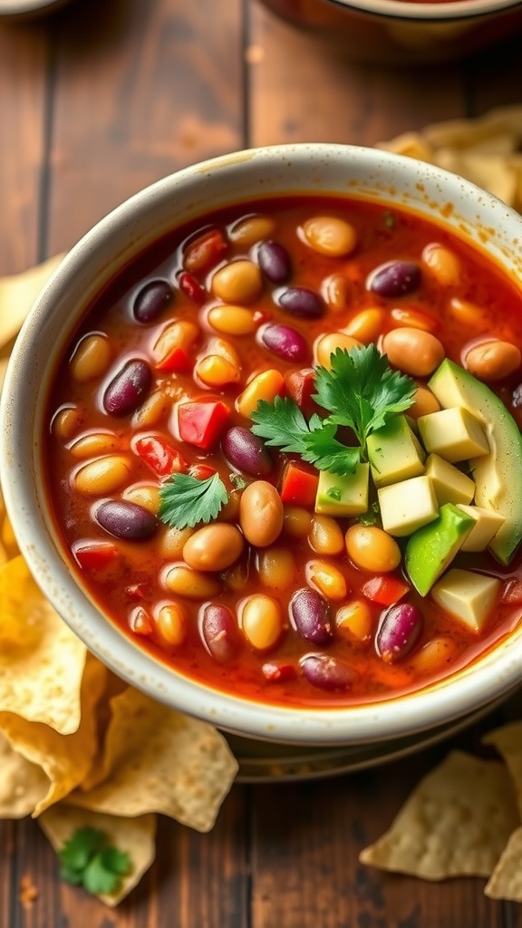 A vibrant bowl of seven bean chili topped with cilantro and avocado, served with tortilla chips on a rustic table.